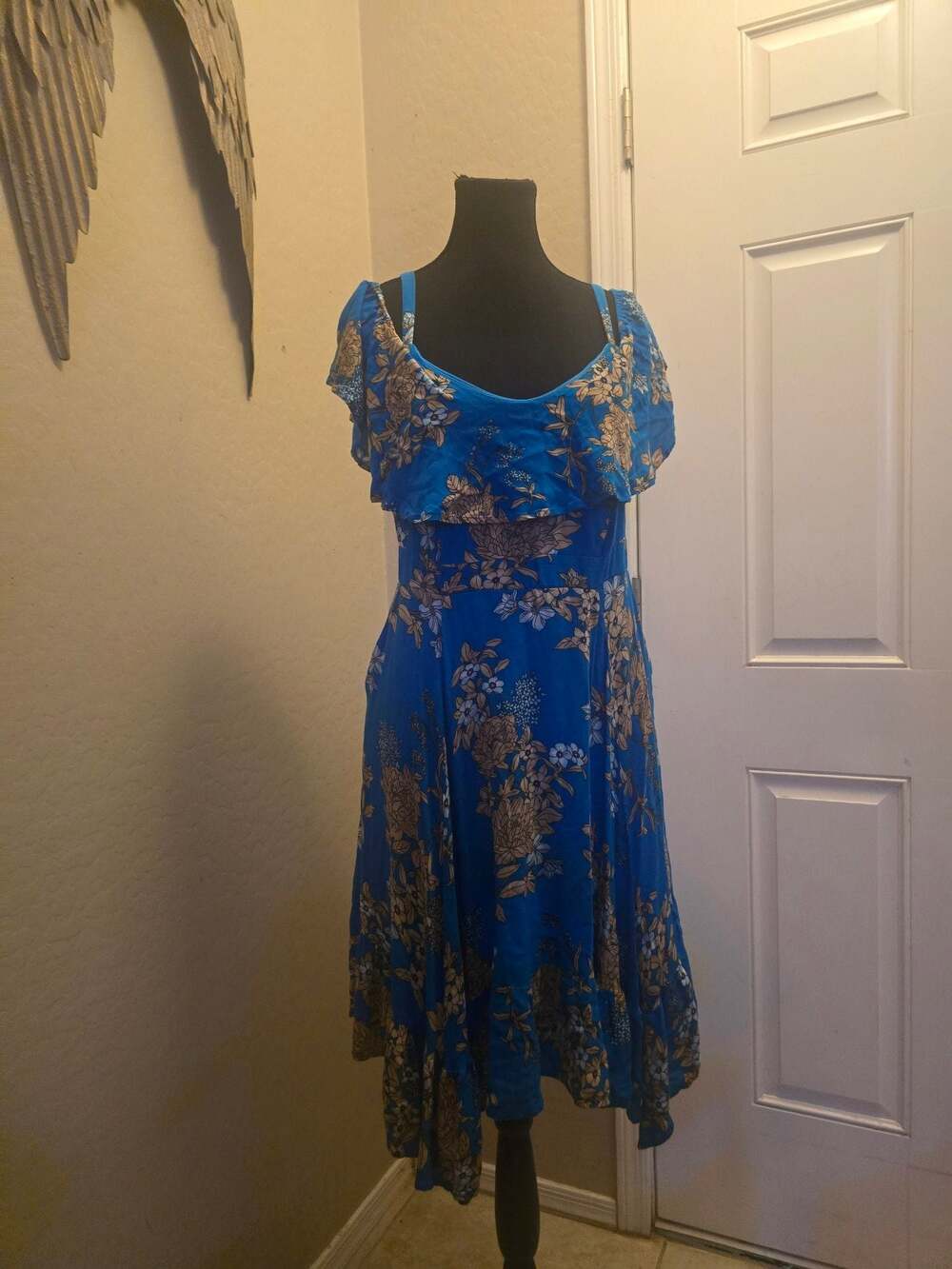 Torrid Blue Floral Gauze Cold Shoulder High-Low Ruffle Dress